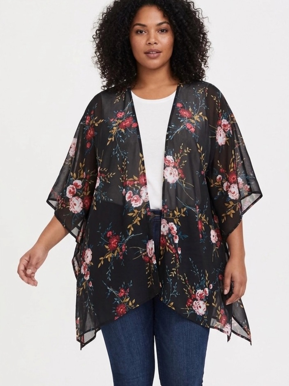 TORRID Black Floral Open Front Kimono Cardigan